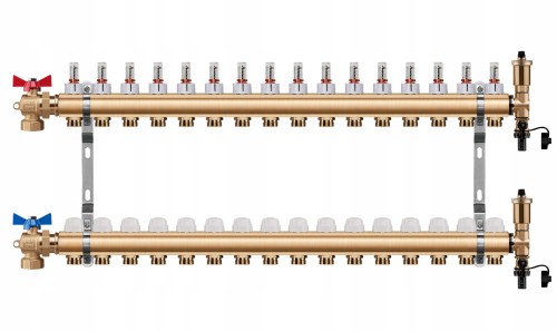 Przejdź do produktu ROZDZIELACZ OGRZEWANIA PODŁOGOWEGO 16 OBWODY + ZAWOR KULOWY KĄTOWY+ PEX