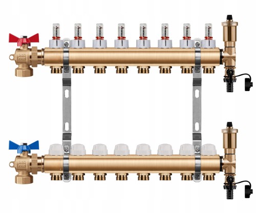 Przejdź do produktu ROZDZIELACZ OGRZEWANIA PODŁOGOWEGO 8 OBWODY + ZAWOR KULOWY KĄTOWY + PEX