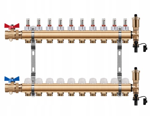 Przejdź do produktu ROZDZIELACZ OGRZEWANIA PODŁOGOWEGO 10 OBWODY + ZAWOR KULOWY PROSTY + PEX