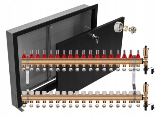 Przejdź do produktu ROZDZIELACZ DO PODŁOGÓWKI 18 SEKCJE +ZŁĄCZKI PEX+SKRZYNKA PODTYNKOWA CZARNA