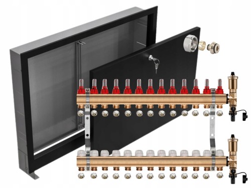 Przejdź do produktu ROZDZIELACZ MOSIĘŻNY 13 SEKCJE + ZŁĄCZKI PEX + SKRZYNKA PODTYNKOWA CZARNA