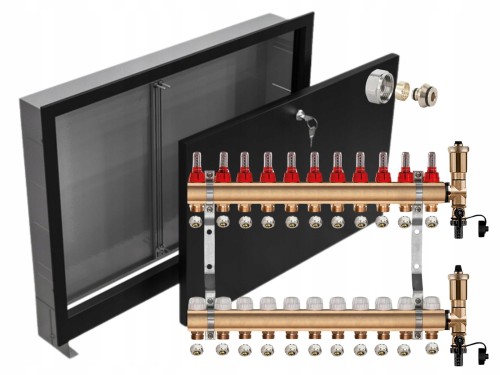 Przejdź do produktu ROZDZIELACZ MOSIĘŻNY 11 SEKCJE + ZŁĄCZKI PEX + SKRZYNKA PODTYNKOWA CZARNA