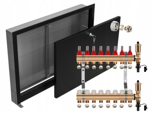 Przejdź do produktu ROZDZIELACZ MOSIĘŻNY 8 SEKCJE + ZŁĄCZKI PEX + SKRZYNKA PODTYNKOWA CZARNA