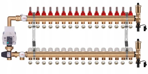 Przejdź do produktu Rozdzielacz mosiężny do podłogówki 16 z GRUPĄ POMPOWĄ WILO + ZŁĄCZKI PEX