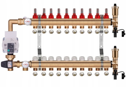 Przejdź do produktu Rozdzielacz mosiężny do podłogówki 10 z GRUPĄ POMPOWĄ WILO + ZŁĄCZKI PEX