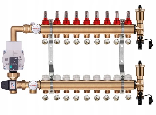 Przejdź do produktu Rozdzielacz mosiężny do podłogówki 9 z GRUPĄ POMPOWĄ WILO + ZŁĄCZKI PEX
