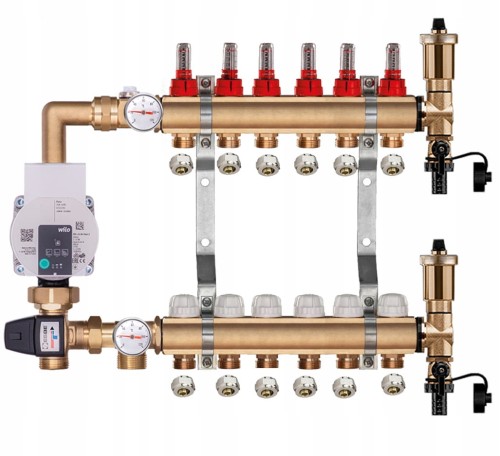 Przejdź do produktu Rozdzielacz mosiężny do podłogówki 6 z GRUPĄ POMPOWĄ WILO + ZŁĄCZKI PEX