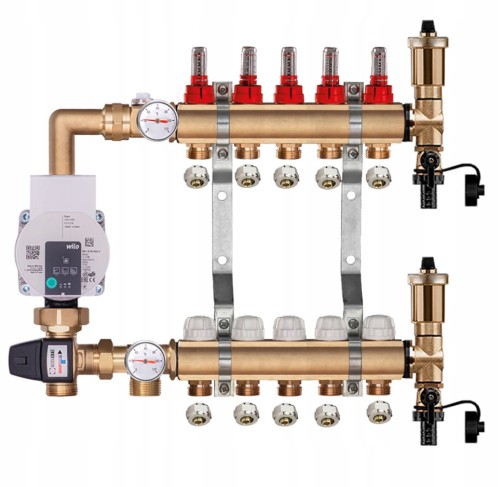 Przejdź do produktu Rozdzielacz mosiężny do podłogówki 5 z GRUPĄ POMPOWĄ WILO + ZŁĄCZKI PEX