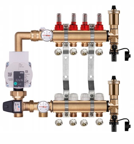 Przejdź do produktu Rozdzielacz mosiężny do podłogówki 4 z GRUPĄ POMPOWĄ WILO + ZŁĄCZKI PEX