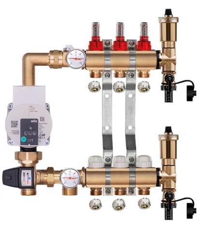 Przejdź do produktu Rozdzielacz mosiężny do podłogówki 3 z GRUPĄ POMPOWĄ WILO + ZŁĄCZKI PEX